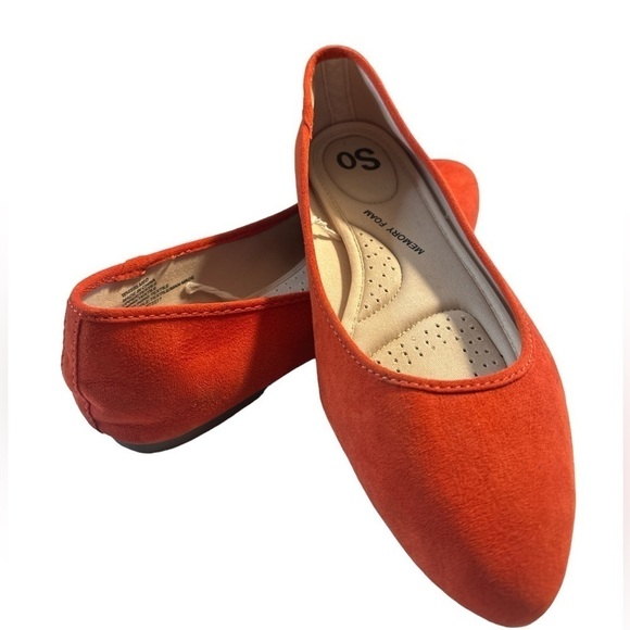 SO Kohl’s Memory Foam Orange Red Comfortable Ballerina Flat Shoes Vegan Man Made - Picture 1 of 5